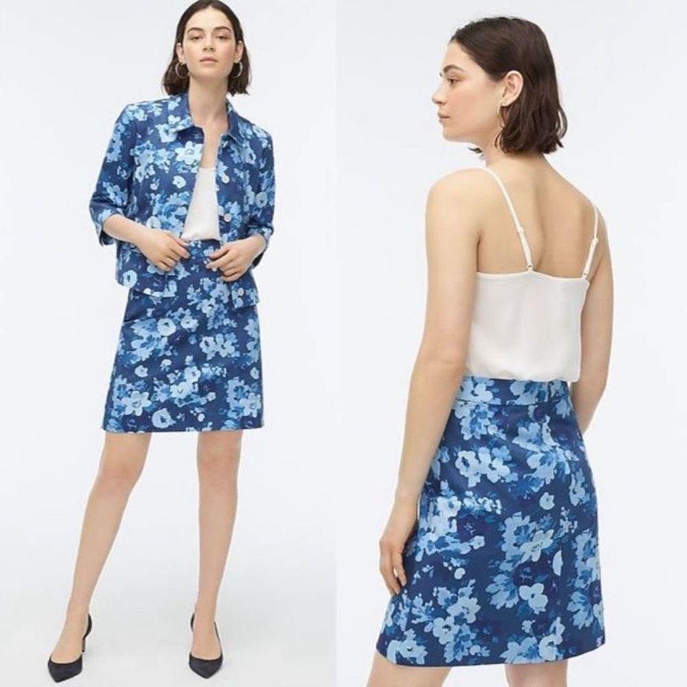 J. Crew Front Pocket Skirt Watercolor Begonias Print Blue Above Knee Size 6 NWT